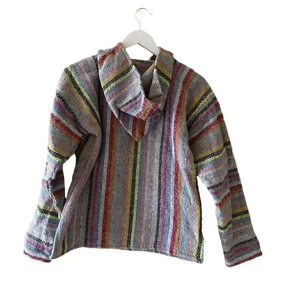 Mexican Boho Hooded Baja-Stripe Multicolor Unisex Pullover Pancho SZ S - Picture 5 of 10